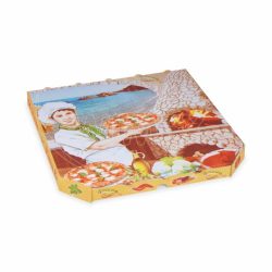 Krabice na pizzu (mikrovlnitá lepenka) E6 bílá s potiskem 33 x 33 x 3 cm [100 ks]